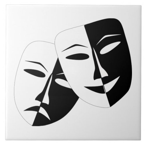 Comedy Tragedy Black and White Theatre Mask Ceramic Tile
