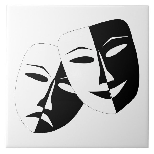 Comedy Tragedy Black and White Theatre Mask Ceramic Tile (Front)