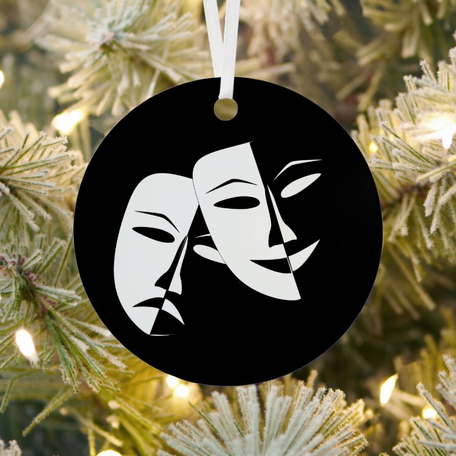 Comedy Tragedy Black and White Theatre Mask Glass Ornament