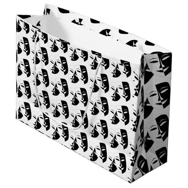 Comedy Tragedy Black and White Theatre Mask Large Large Gift Bag (Front Angled)