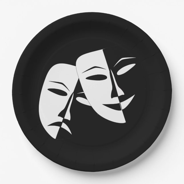 Comedy Tragedy Black and White Theatre Mask Paper Plates (Front)