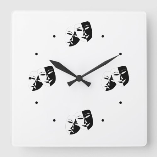 Comedy Tragedy Black and White Theatre Mask  Squar Square Wall Clock