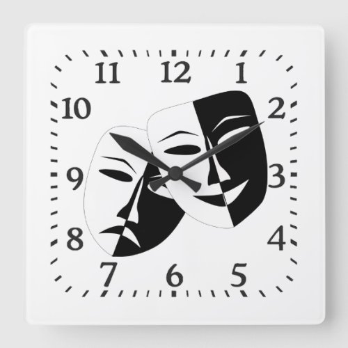 Comedy Tragedy Black and White Theatre Mask  Square Wall Clock