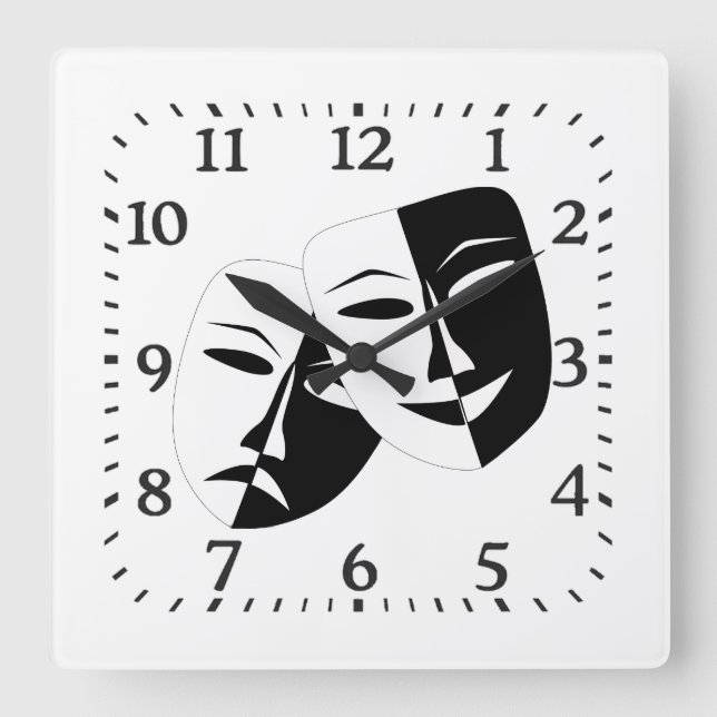 Comedy Tragedy Black and White Theatre Mask  Square Wall Clock (Front)