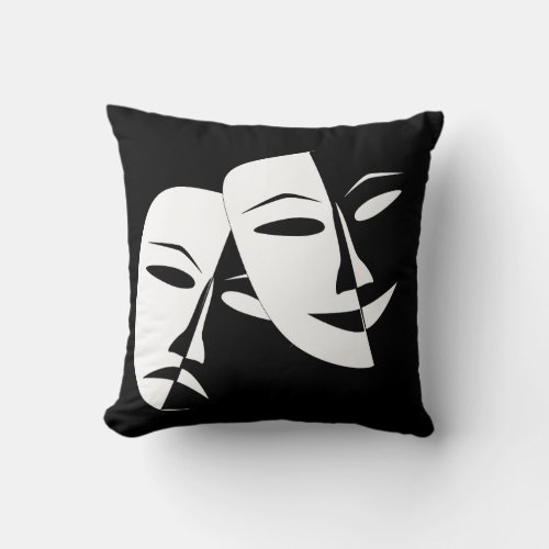 Comedy Tragedy Black and White Theatre Mask Throw Pillow