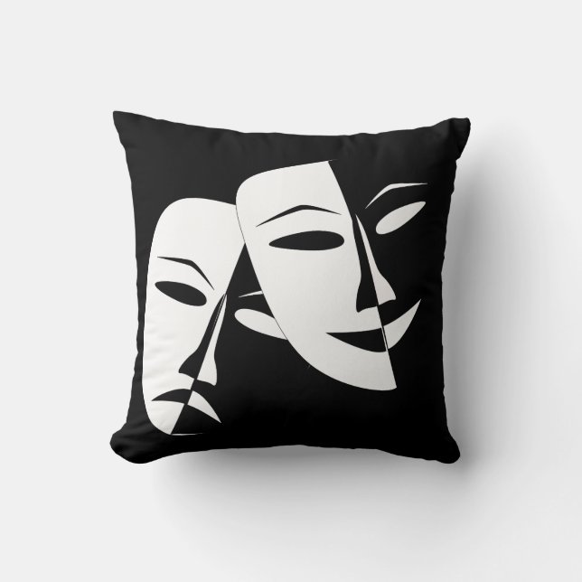 Comedy Tragedy Black and White Theatre Mask Throw Pillow (Front)