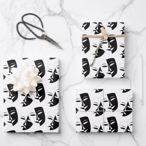 Comedy Tragedy Black and White Theatre Mask  Wrapp Wrapping Paper Sheets