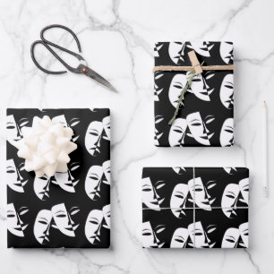 Comedy Tragedy Black and White Theatre Mask Wrapping Paper Sheets