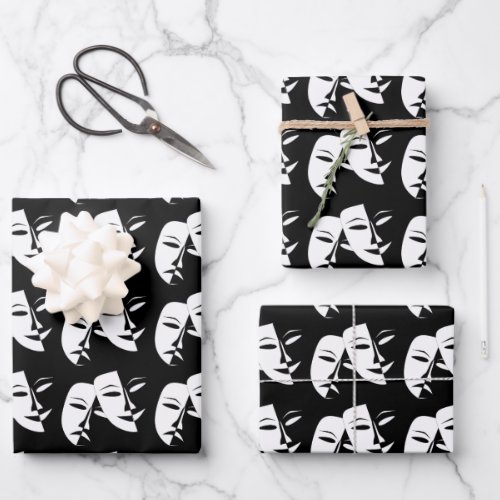 Comedy Tragedy Black and White Theatre Mask  Wrapping Paper Sheets