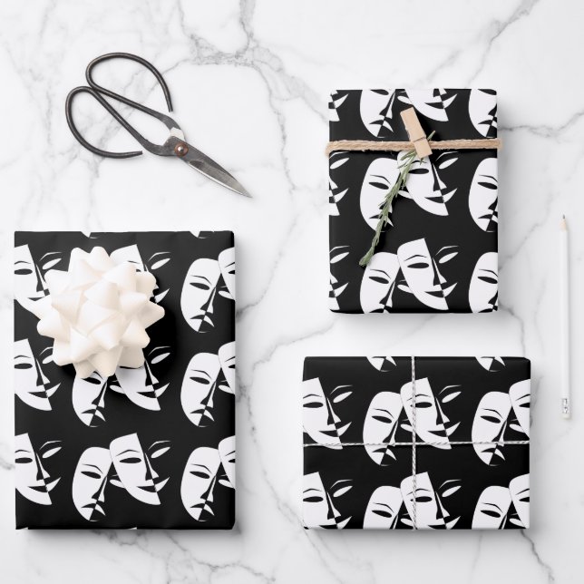 Comedy Tragedy Black and White Theatre Mask  Wrapping Paper Sheets (Front)