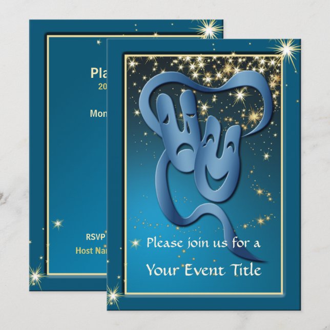 Comedy Tragedy Blue Theatre Mask Custom Invite (Front/Back)
