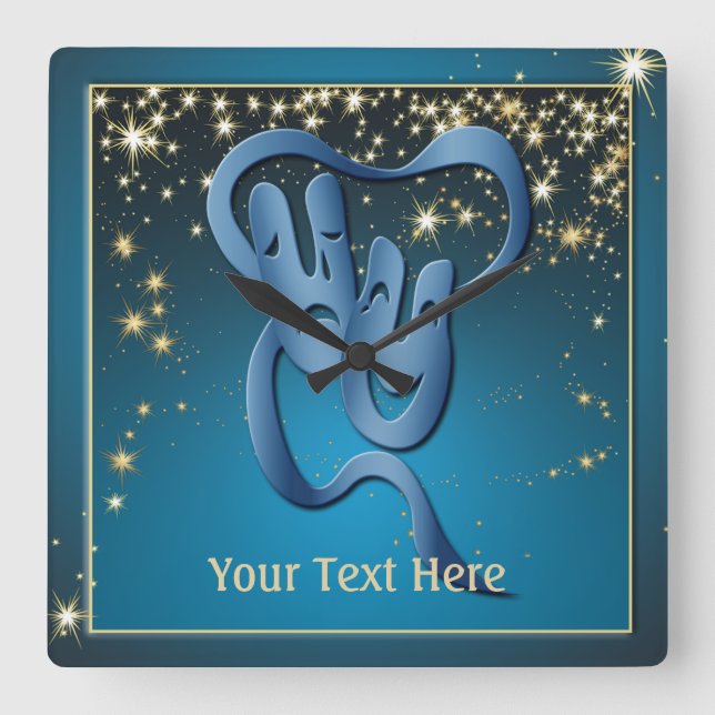 Comedy Tragedy Blue Theatre Mask Custom Square Wall Clock (Front)