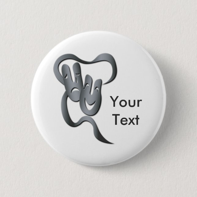 Comedy Tragedy Gray Theater Mask Button (Front)