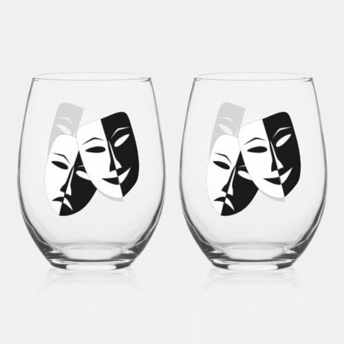 ComedyTragedy Masks Drinkware Set Stemless Wine Glass