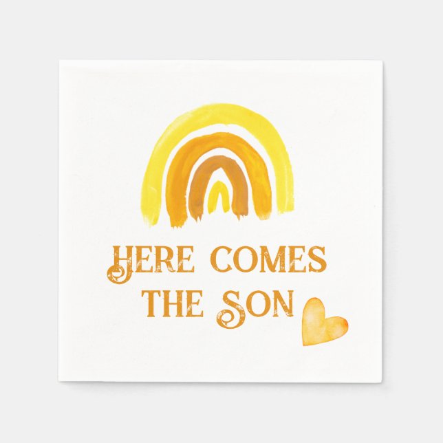 Comes Son Yellow Sunshine Rainbow Baby Shower Napkins (Front)