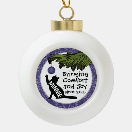 Comfort and Joy Cat Custom Name and Date Blue Ceramic Ball Christmas Ornament