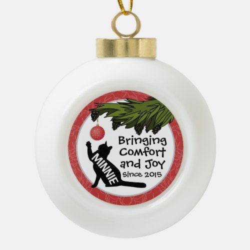 Comfort and Joy Cat Custom Name and Date Red Ceramic Ball Christmas Ornament