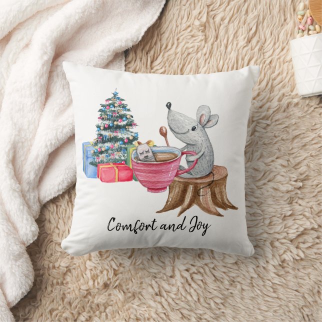 Comfort And Joy Mouse With Tea Throw Pillow (Blanket)
