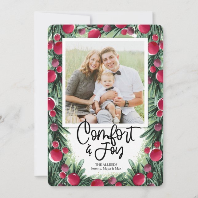 Comfort & Joy Berry Explosion Pine Leaves Holiday Card (Front)