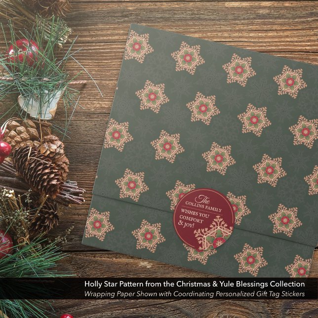 Comfort & Joy Holly Star Personalized Red Stickers (Comfort & Joy Holly Star Personalized Stickers Shown with Coordinating Wrapping Paper.)