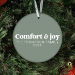 Comfort & Joy Modern Minimal Sage Green Christmas Ornament<br><div class="desc">Unveil our "Comfort & Joy" Modern Simple Sage Green Christmas Ornament, a delightful and contemporary addition to your holiday decor. Made from shatterproof materials, this ornament seamlessly blends the latest trends with the enduring charm of the festive season. Customize this unique ornament with your most cherished family photos or beloved...</div>