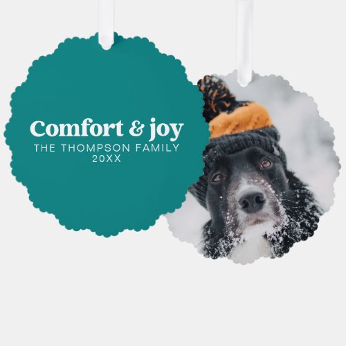 Comfort  Joy Modern Minimalist Teal Christmas Ornament Card