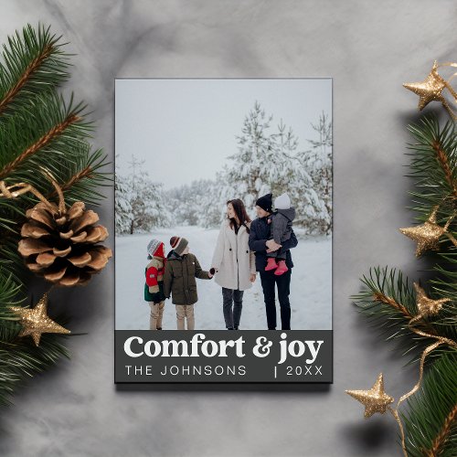 Comfort  Joy Photo and Name Modern Christmas Holiday Card