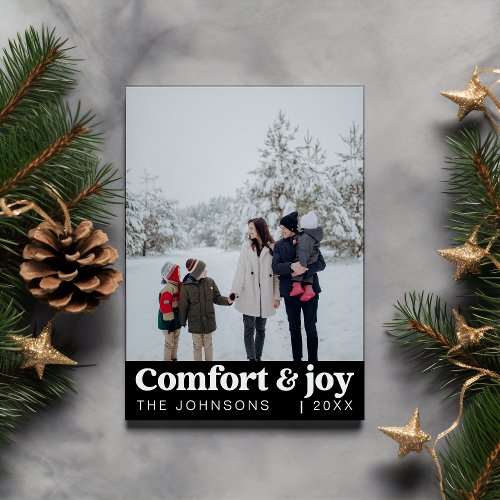 Comfort  Joy Photo and Name Modern Christmas Holiday Card