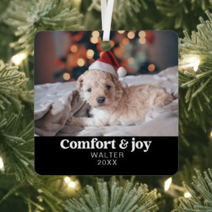 Comfort & Joy Photo and Name Modern Christmas  Metal Ornament