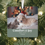 Comfort & Joy Photo and Name Modern Christmas  Metal Ornament<br><div class="desc">Introducing our "Comfort & Joy Photo and Name Modern Christmas Metal Ornament" in a soothing and festive sage green hue, a serene and personalized addition to your holiday decor. This finely crafted ornament features a contemporary design, adorned with the heartwarming message of "Comfort & Joy." What makes it truly special...</div>