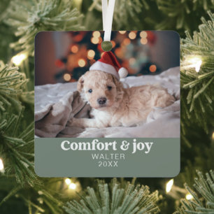Comfort & Joy Photo and Name Modern Christmas Metal Ornament