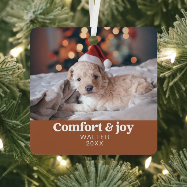 Comfort & Joy Photo and Name Modern Christmas  Metal Ornament (Insitu)
