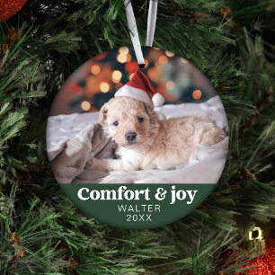 Comfort & Joy Photo and Name Modern Christmas Ornament