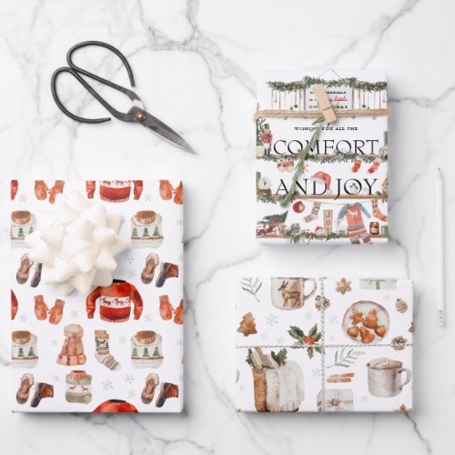 Comfort  Joy  Watercolor Christmas Illustrations Wrapping Paper Sheets