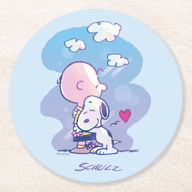 Comfort & Security | Charlie & Snoopy Hug Round Paper Coaster (Front)