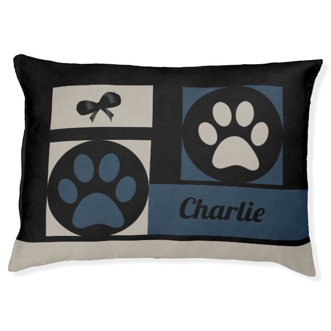 Comfortable Big Paw Prints Navy and Khaki Dog Bed (Front)