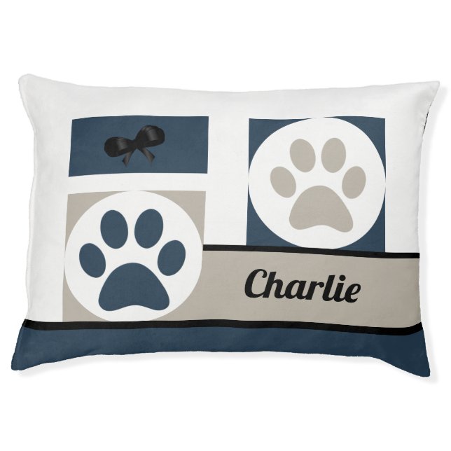 Comfortable Huge Paw Print Navy Khaki Dog Bed (Front)