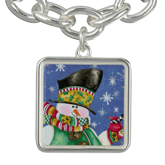 Silver Square Necklace Snowman with Winter Blue Aura 