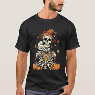Comfy Fall Skeleton Drinking Coffee Funny Spooky H T-Shirt
