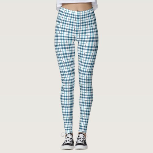 Comfy Pajama Plaid White and Blue Pattern Leggings