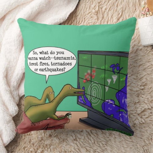 Comic Art  Funny Climate Change Dinosaurs Parody Throw Pillow