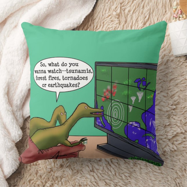 Comic Art  Funny Climate Change Dinosaurs Parody Throw Pillow (Blanket)