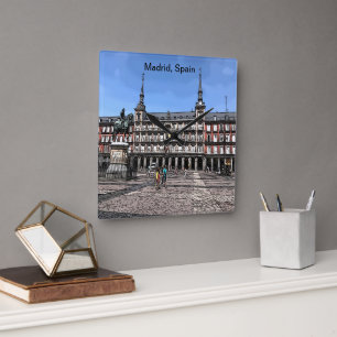 Comic Art of a plaza in Madrid, Spain Square Wall Clock