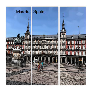 Comic Art of a plaza in Madrid, Spain Triptych