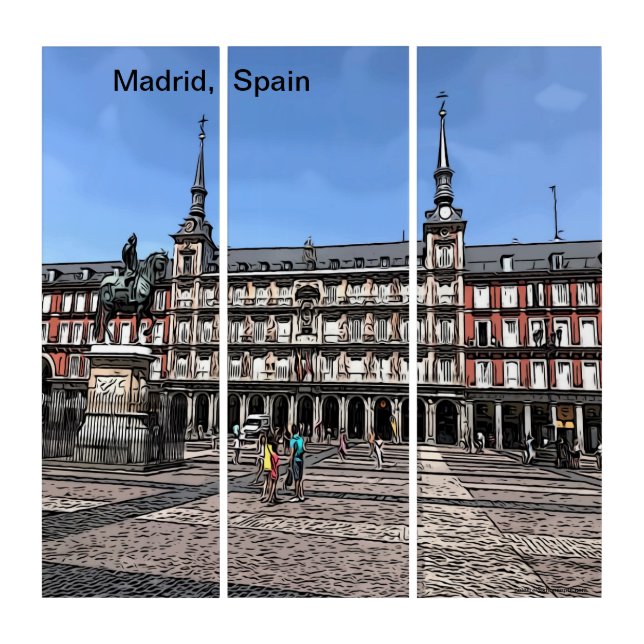 Comic Art of a plaza in Madrid, Spain Triptych (Front)