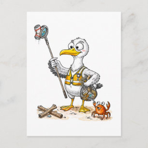 Comic Bird Beach Cleanup Crew Postcard