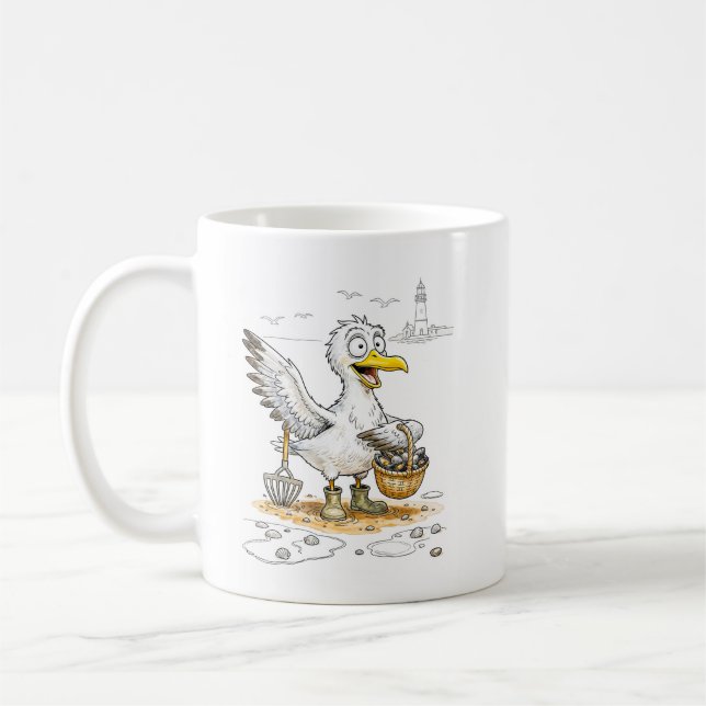 Comic Bird Collecting Shells Coffee Mug (Left)