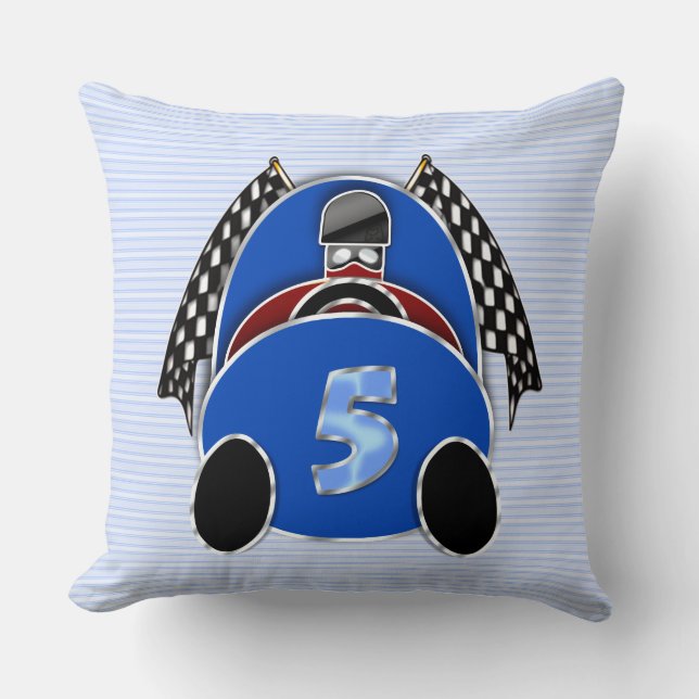 Comic Blue Race Car on Stripes Throw Pillow (Front)