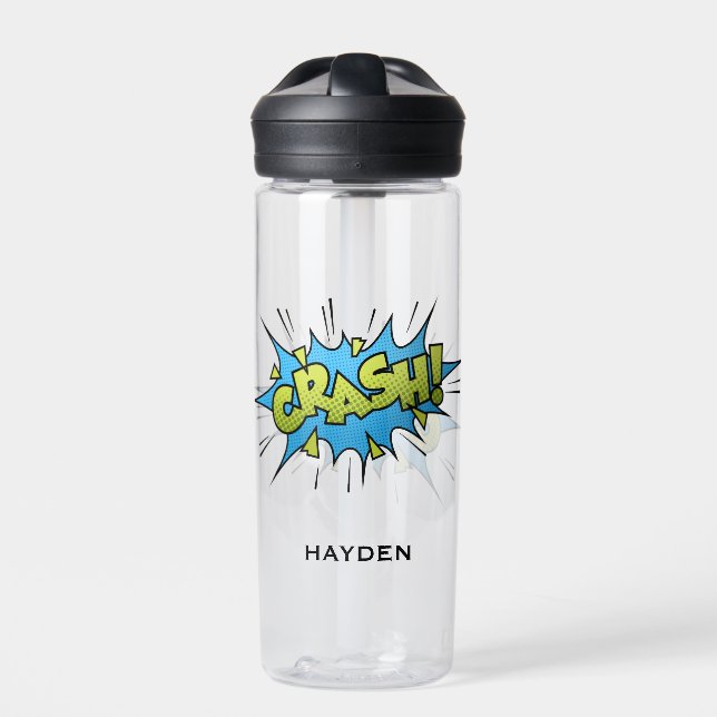 Comic Book Art Crash Bubble Personalised Water Bottle (Front)