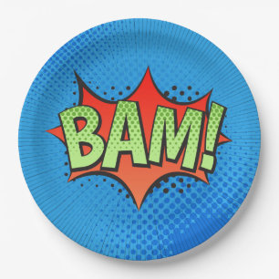 Comic Book BAM! on a blue background Paper Plates
